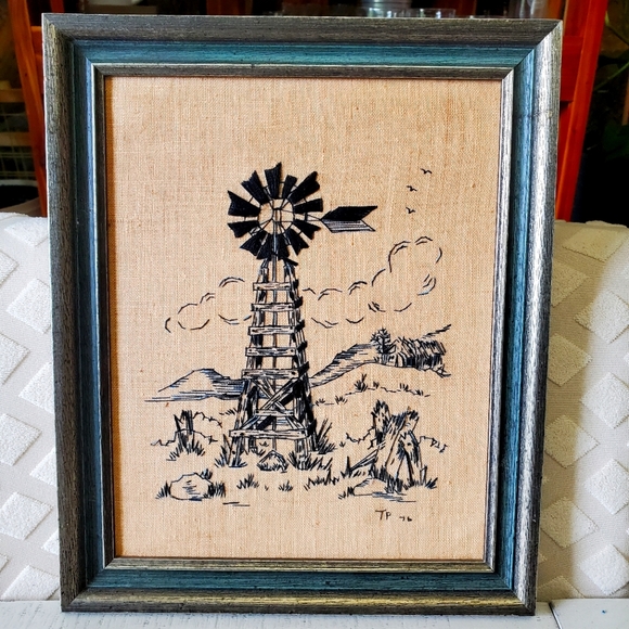 Other - Needlepoint Embroidery  Weather  Wind Vane Barn Mill Wood  Frame Vintage 76